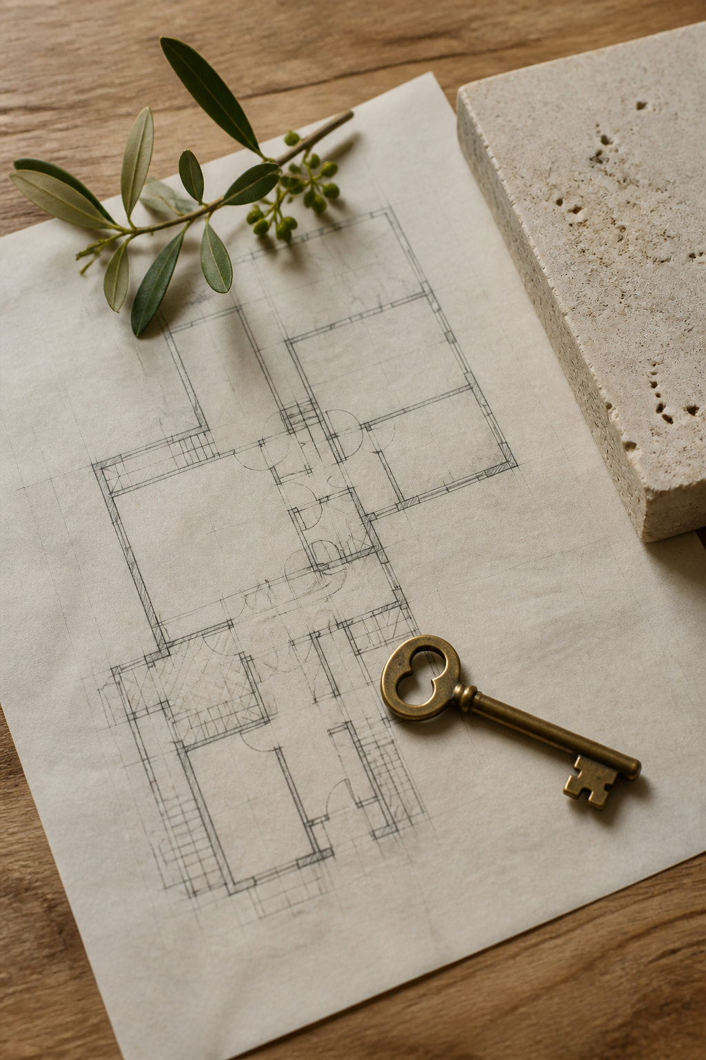 A building plan, brass key and material sample on a wood table