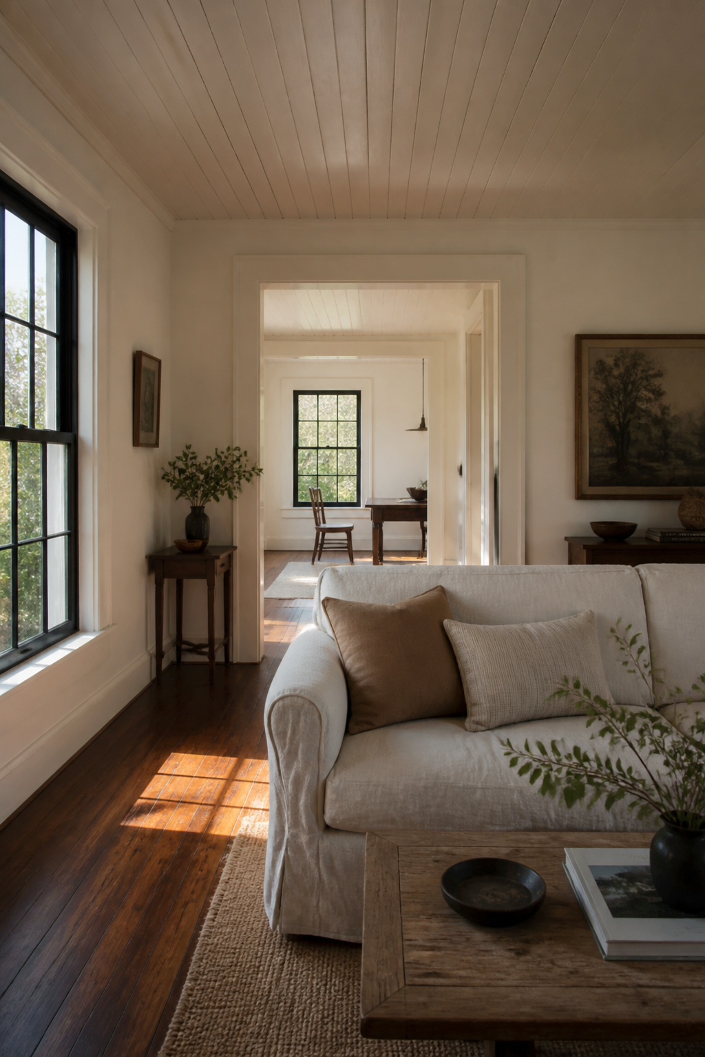 A sunlit renovated living room with hardwood floor